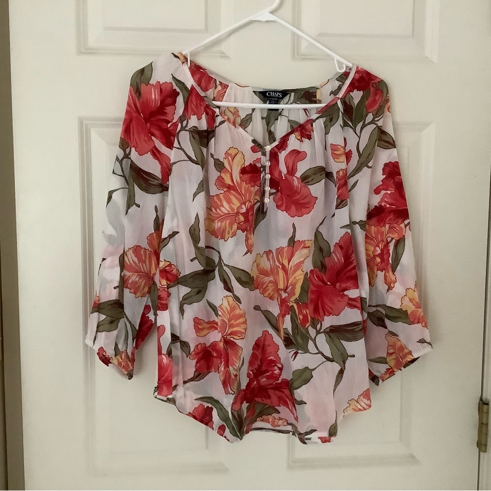 Chaps Red and Pink Flutter Sleeve Blouse Tie Front